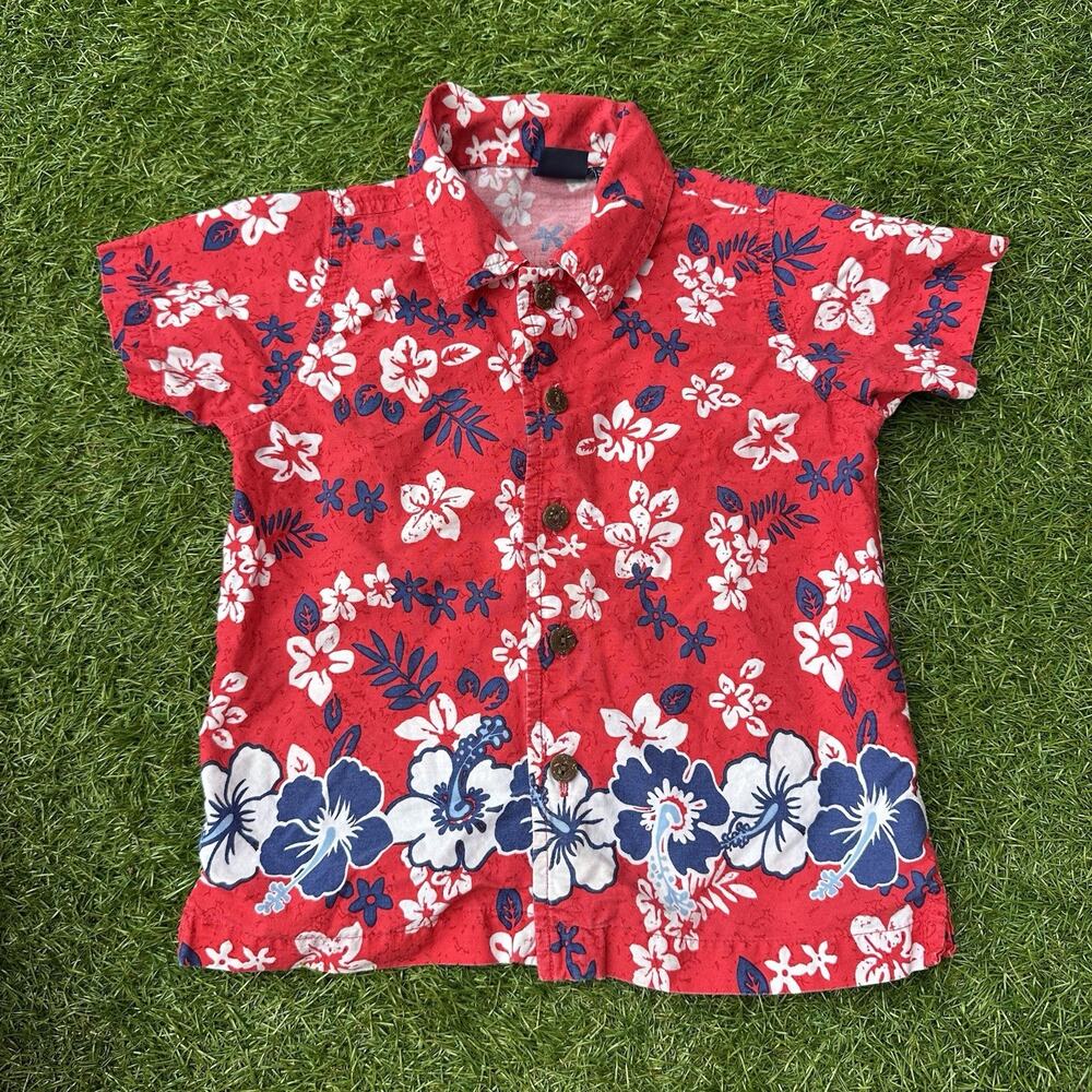 Vtg Cherokee Hawaiian Toddler Shirt Size 3T Button Up Hibiscus Flowers Beach Red